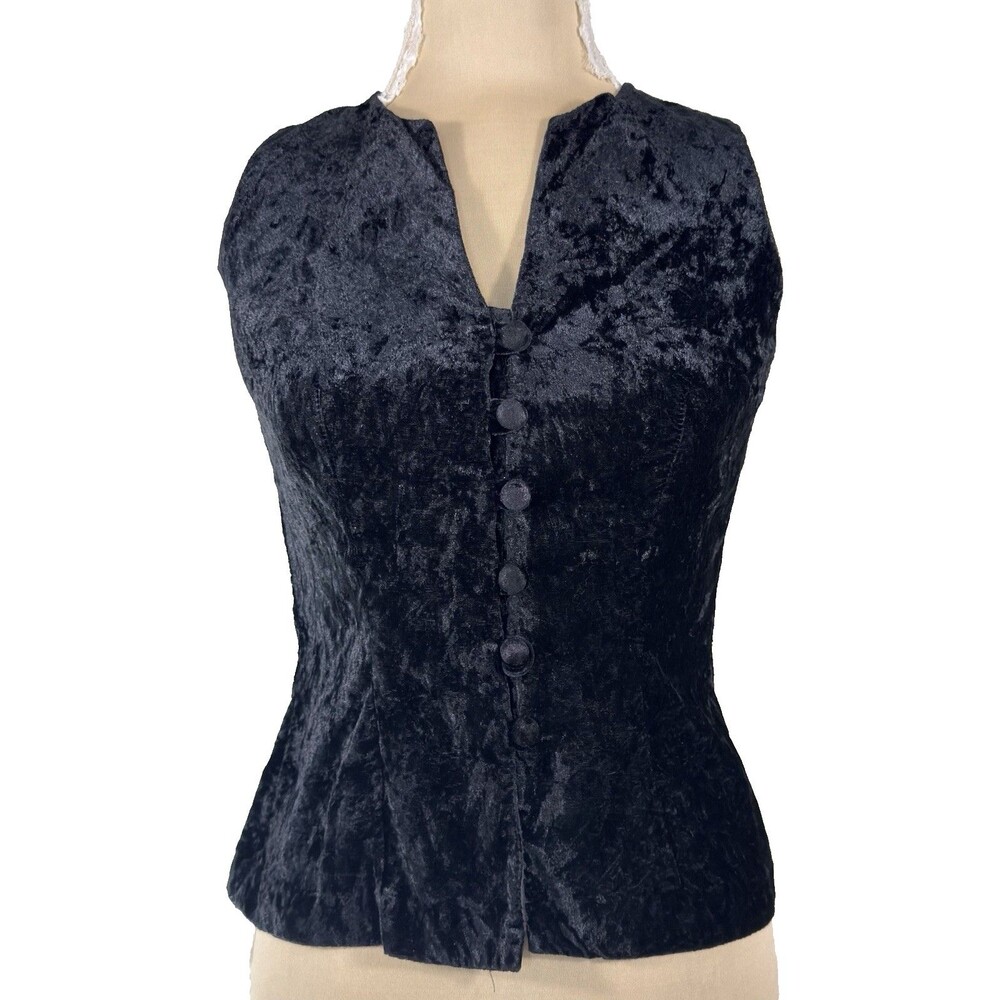 Vintage Rampage Black Crushed Velvet Vest Top Sz 5 Button Front Whimsigoth 90s